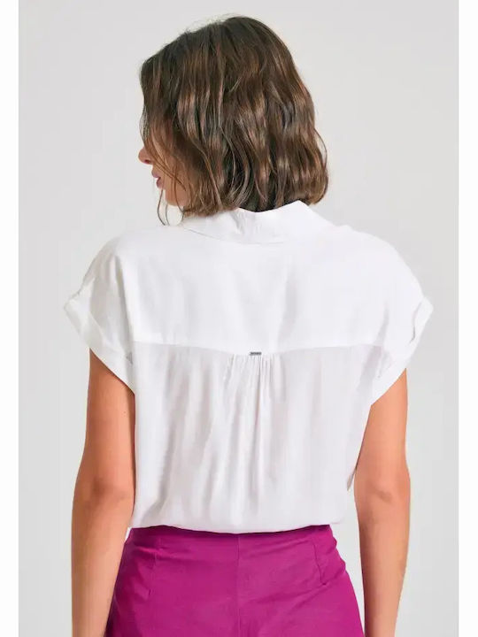 Short Sleeve Women's Denim Shirt White