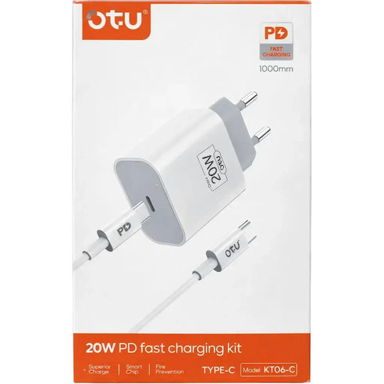 Φορτιστής με Θύρα USB-C και Καλώδιο USB-C - USB-C 20W Power Delivery Λευκός (KT06-C)