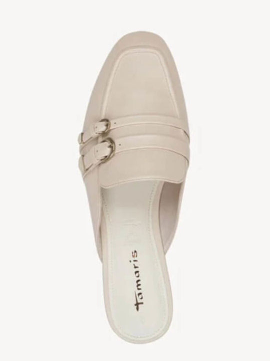 Leather Mules with Heel in Ecru Colour