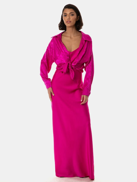 Summer Maxi Evening Satin Slip Dress with Slit Magenta
