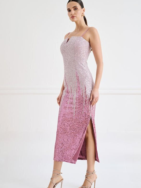 Summer Midi Evening Dress with Tearing Pink