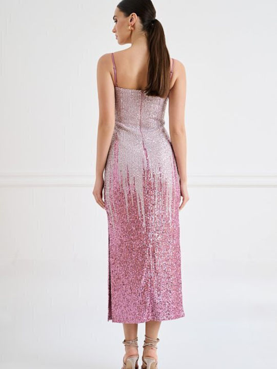 Summer Midi Evening Dress with Tearing Pink