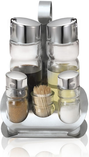 Set Raki Lux Line Ulei De Măsline Suport Din Oțel Inoxidabil 2 Sticle Ulei Oțet 160ml Solnițe Sare Piper 35ml Suport Pentru Scobitori