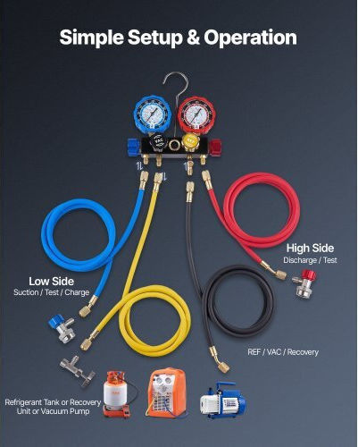 Ac Multiple Inlet Gauge Set Vevor Refrigerant R134a R404a R1234yf R22 Ac 4 Way Gauge Hoses 1.5 M Adapters Quick Couplers Valves Car Air Conditioner Maintenance Charging Evacuation