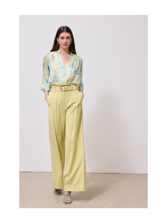 Pantaloni Dama Largi High Rise Galbeni Lemon