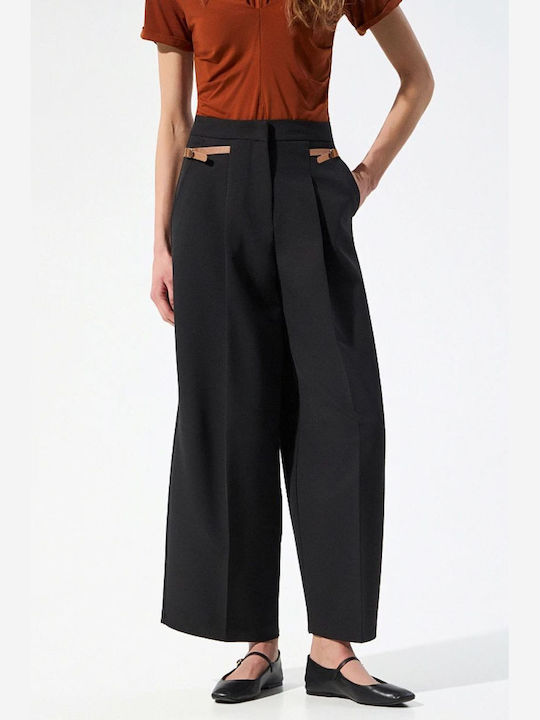 Pantaloni Dama Din Țesătură Croială Regular Negru