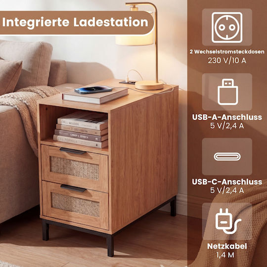 Wooden Bedside Table with Metal Legs Beige 61x60x35cm