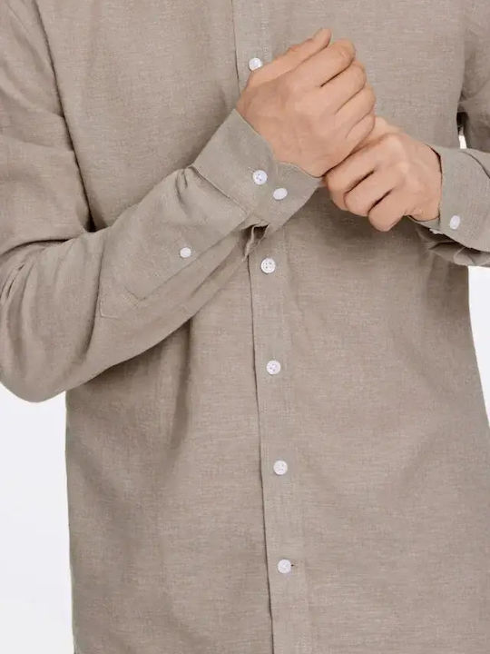 Long Sleeve Linen Shirt In Narrow Fit Brown