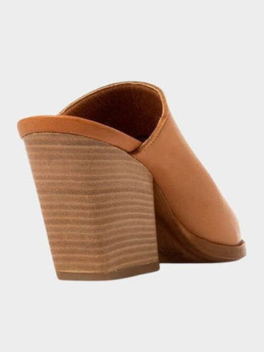 Δερμάτινα Mules με Ψηλό Τακούνι σε Ταμπά Χρώμα