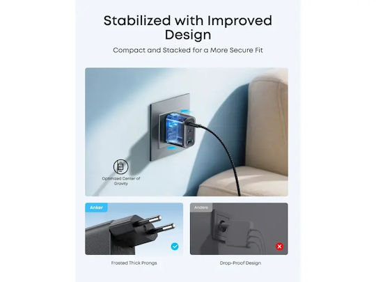Anker Charger with Built-in Cable with USB-A Port and 2 USB-C Ports 70W Black Nano