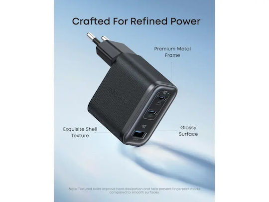 Anker Charger with Built-in Cable with USB-A Port and 2 USB-C Ports 70W Black Nano