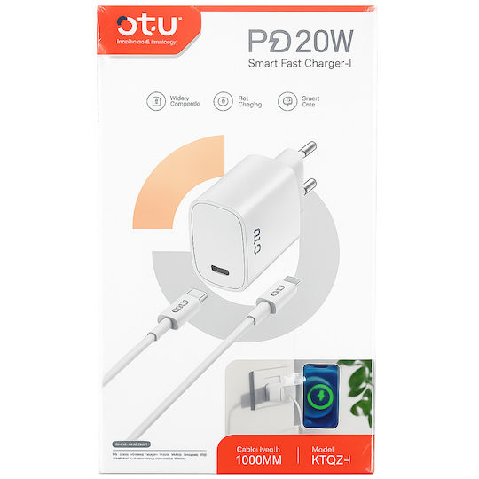 Φορτιστής με Θύρα USB-C και Καλώδιο USB-C - Lightning 20W Power Delivery Λευκός (KT-02)