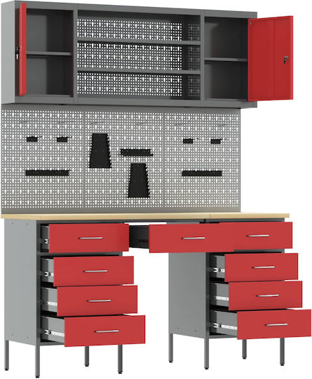 Ντουλάπα Εργασίας 8 Pcs Κόκκινο Μηχανισμένο Ξύλο Ατσάλι