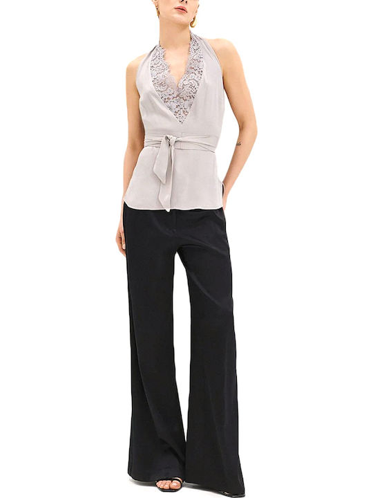 Women's Satin Sleeveless Blouse with Neck Tie Gray