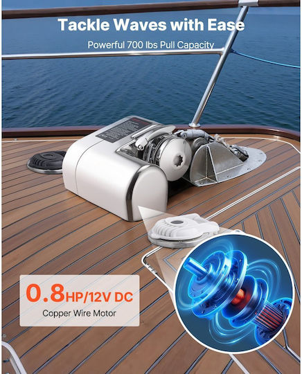 Vevor Οριζόντιος Βίντσι Ψαρέματος 12v Dc 600w Συστήματα Άγκυρας Βίντσι Αλυσίδα 6,35 Mm Ή Σχοινί Νάιλον 14,3 & 15,9 Mm Μέγιστη Έλξη 260 Kg Κατασκευή Ανοξείδωτο Ατσάλι 316 Σκάφη 7-9 M