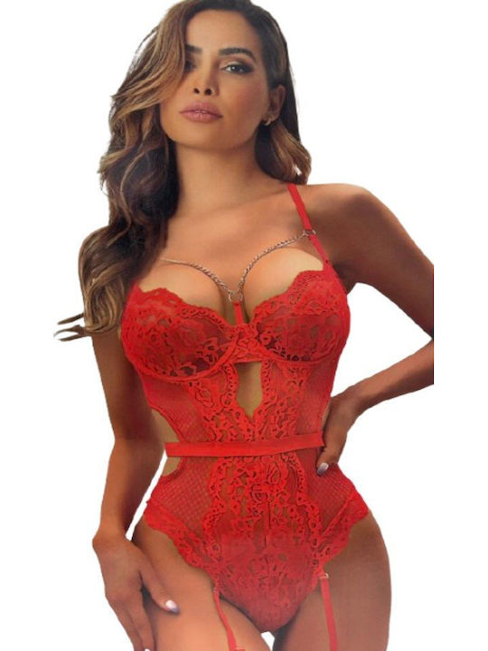 Εντυπωσιακό Κόκκινο Lace Bodysuit Chain Detail Κοκκινο