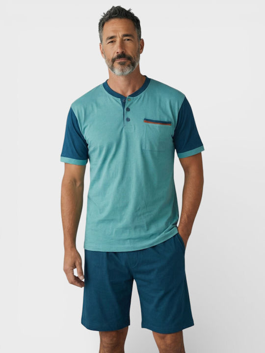 Ανδρική Πιτζάμα Καλοκαιρινή Collection 100% Βαμβάκι Δύο Παντελόνια Πετρόλ Cl2692-12-πετρόλ