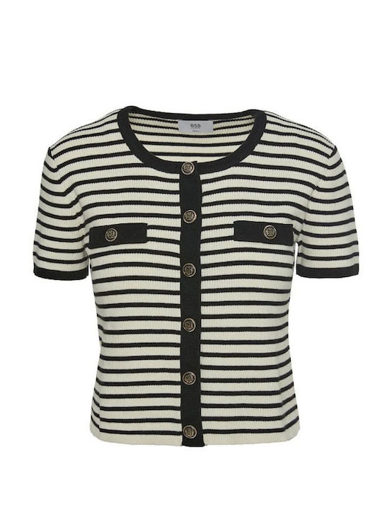 Damen Kurzärmeliges Gestreiftes Top Weiß-Schwarz