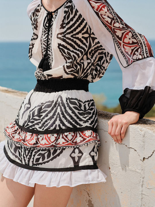 Women's Cotton Long Sleeve Blouse White-Black