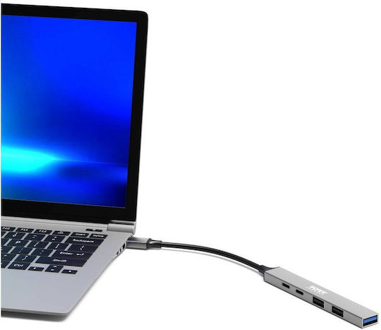 Port Designs USB-Hub 4 Anschlüsse USB 3.0 mit USB-C Verbindung Grau