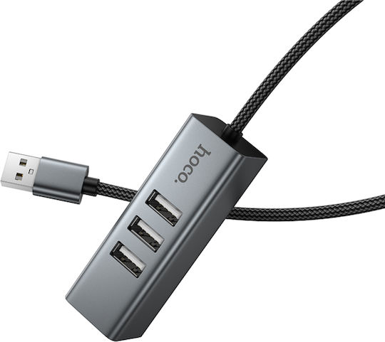 Hoco HB1D Hub USB 3 Porturi USB 2.0 cu Conectare USB-A Ethernet Gri