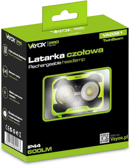 Vayox Rechargeable LED Head Flashlight IP44 with Maximum Brightness 600lm