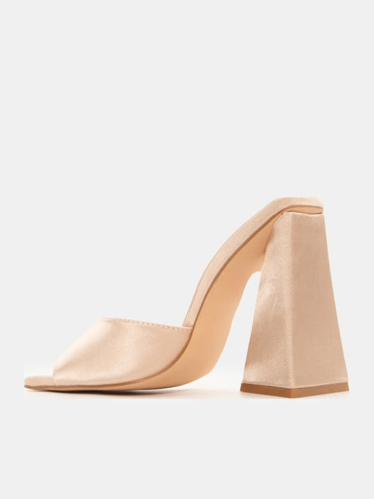 Satin Mules with Chunky High Heel in Beige Colour