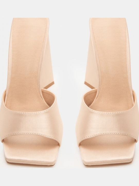 Satin Mules with Chunky High Heel in Beige Colour