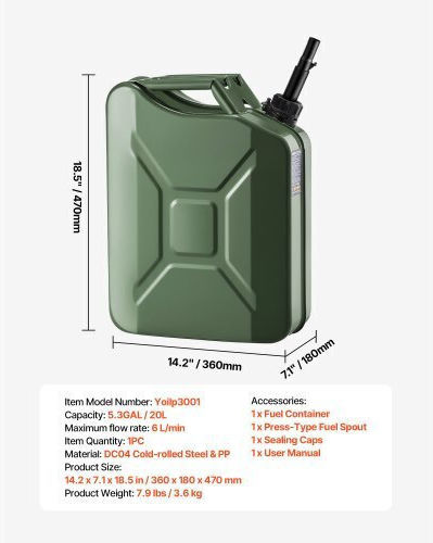 Vevor Double Position Fuel Can Metallic with Extension Tube 20lt Green