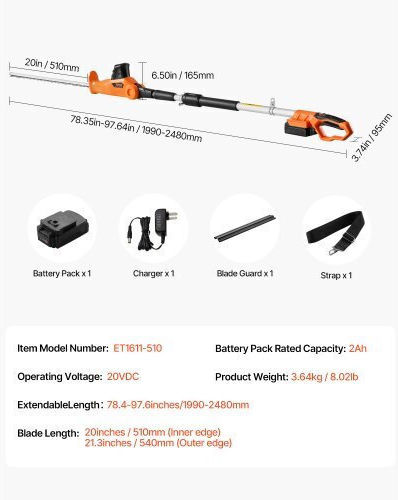 Vevor Hedge Trimmer Battery 20V Telescopic with Blade 50.8cm GZDDLLJ20V20NAT0FV2