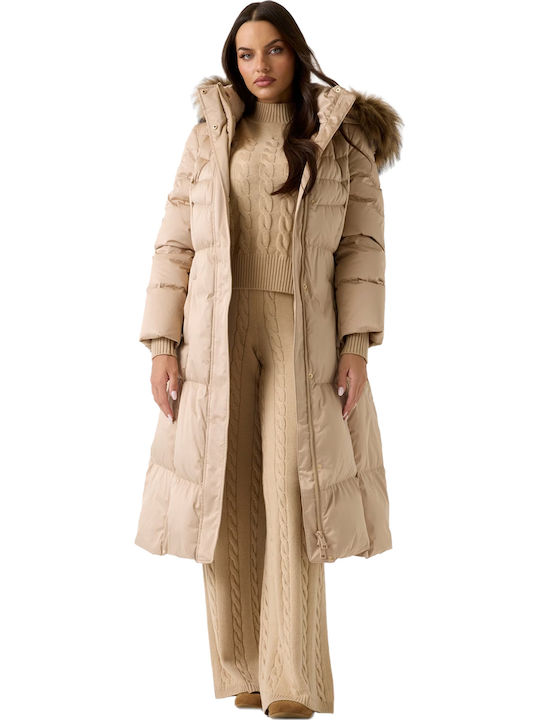 Women's Long Puffer Jacket for Winter with Hood Beige