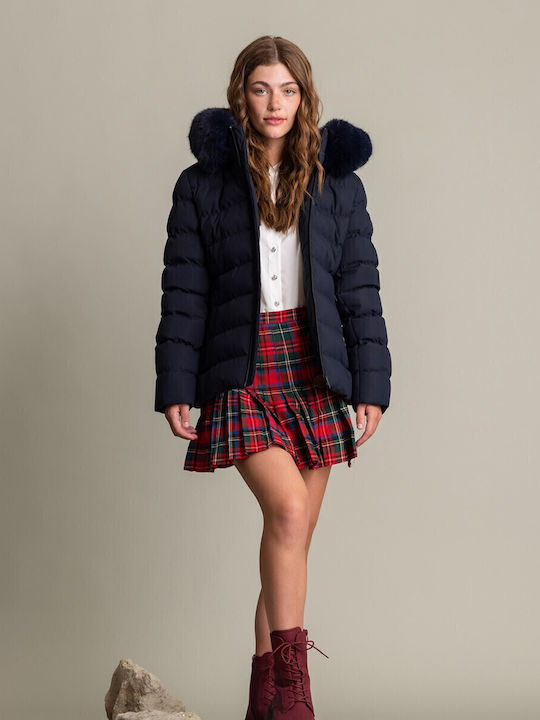 Women's Short Puffer Jacket for Winter with Hood Navy Blue
