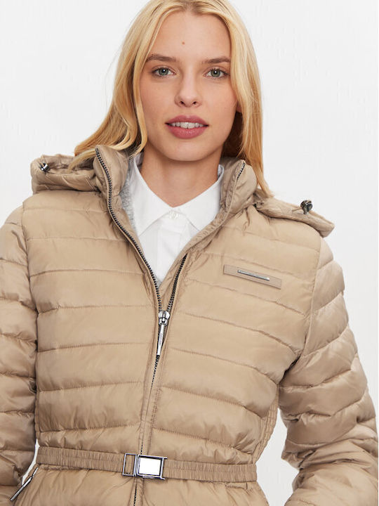 Μακρύ Γυναικείο Puffer Μπουφάν για Χειμώνα Beige