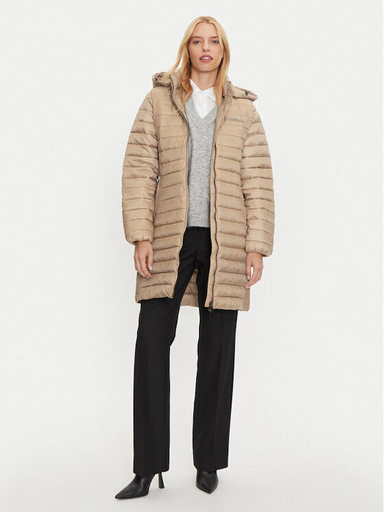 Μακρύ Γυναικείο Puffer Μπουφάν για Χειμώνα Beige