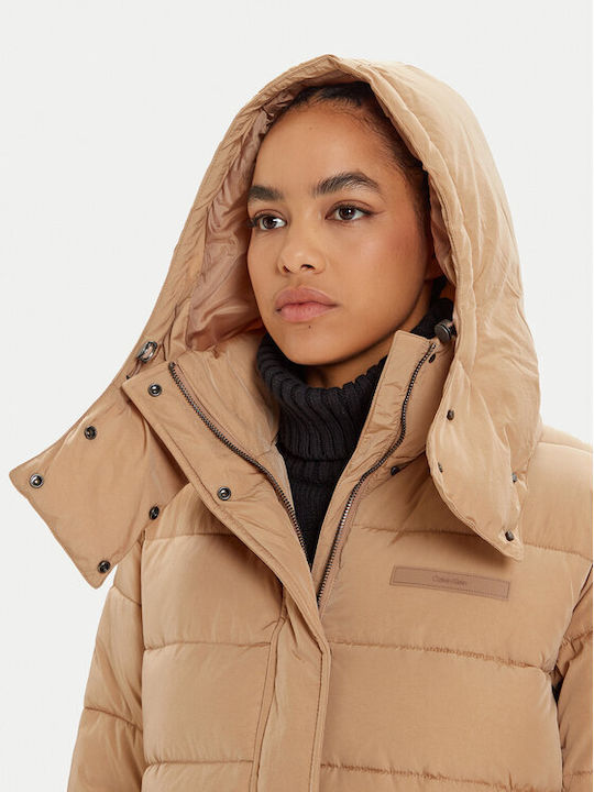 Μακρύ Γυναικείο Puffer Μπουφάν για Χειμώνα Beige