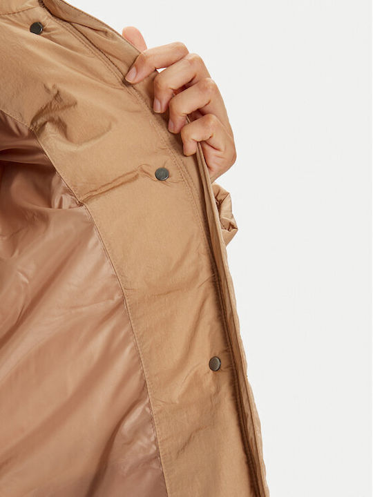 Μακρύ Γυναικείο Puffer Μπουφάν για Χειμώνα Beige