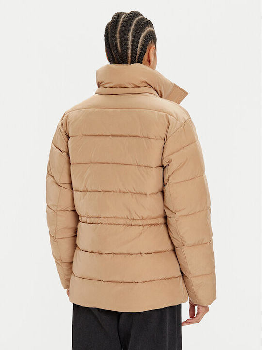 Μακρύ Γυναικείο Puffer Μπουφάν για Χειμώνα Beige