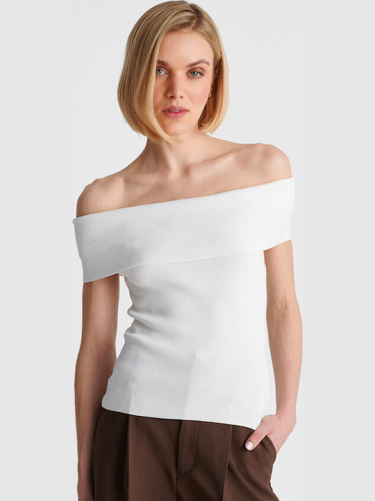 Damen Bluse Schulterfrei Weiß