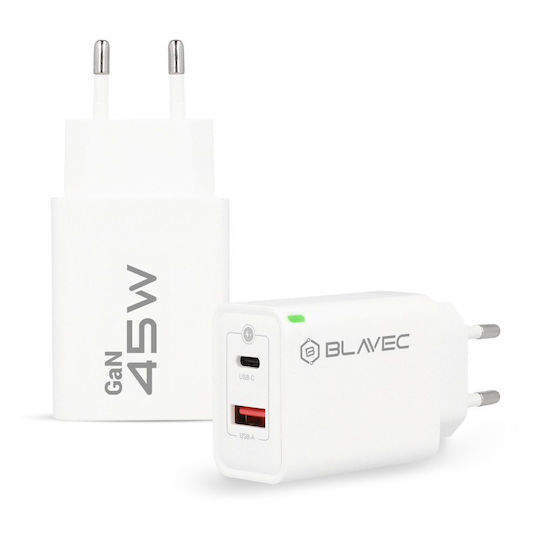 Blavec Ladegerät ohne Kabel GaN mit USB-A Anschluss und USB-C Anschluss 45W Stromlieferung Weißs (TCBC5G-UCW453A)