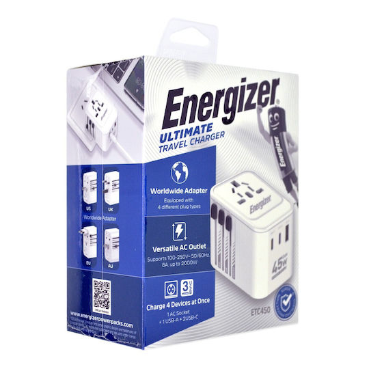 Energizer Charger Without Cable GaN with USB-A Port and 2 USB-C Ports Whites (ETC450)