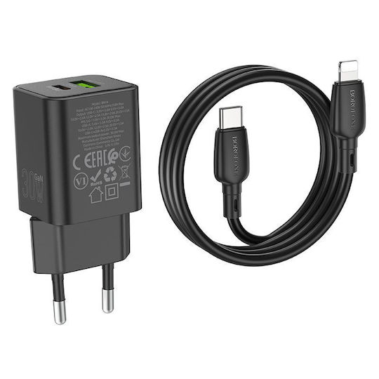 Borofone GaN Charger with USB-A port and USB-C port and USB-C - Lightning Cable 30W Power Delivery / Quick Charge 3.0 in Black Colour (BN14 Royal)