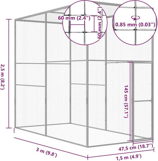 vidaXL 146360 Клетка за котки от Галванизирана Стомана 3x1,5x2,5m 300брx150брx250брсм.