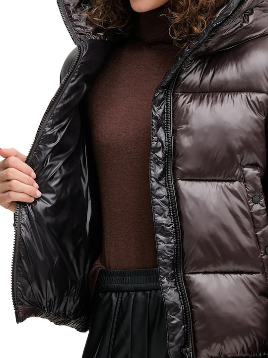 Women's Puffer Jacket for Winter Brown Black