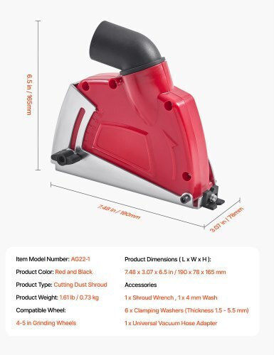 Vevor Dust Protection Cover for Universal Angle Grinders 4-5 Inch 6 Clamping Wheels Adjustable Cutting Depth Vacuum Cleaner Connection Wood Concrete Wall Stone