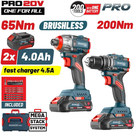 Bormann BBP5431X44T2CA Set Impact Drill Driver & Impact Screwdriver Brushless with 2 Batteries 4Ah and Case