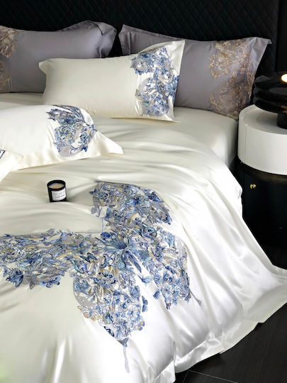 4 Seasons Collection Duvet Cover Set Super King 220x240cm 3D Embroidery 2 Pillowcases & 1 Bed Sheet Ivory