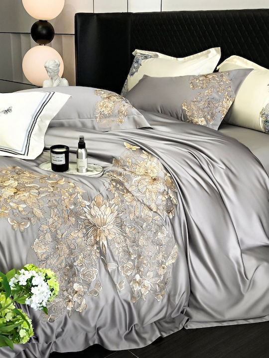4 Seasons Collection Duvet Cover Set Super King 220x240cm 3D Embroidery 2 Pillowcases & 1 Bed Sheet Gray