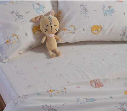 Nef-Nef Homeware Сет Единични Памучни С чаршафи Cat Life Екрю 170x260cm 3 броя
