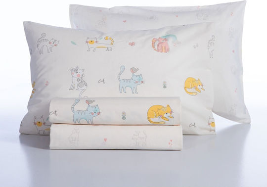 Nef-Nef Homeware Сет Единични Памучни С чаршафи Cat Life Екрю 170x260cm 3 броя