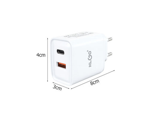 KLGO Charger with USB-A Port and USB-C Port and USB-C - USB-C Cable 35W Power Delivery White (PD-22)